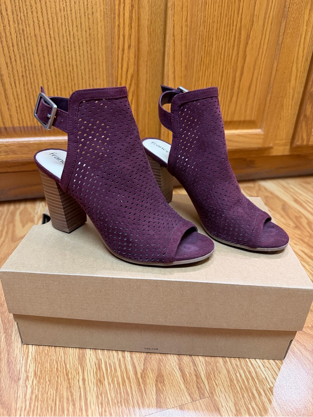Francesca's Collections Burgundy Perforated Peep-Toe Block Heel Booties